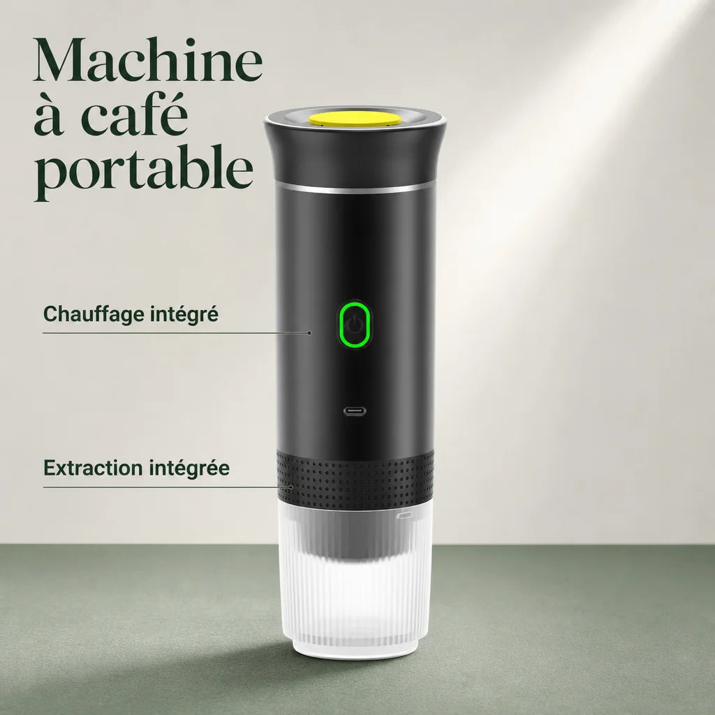 Portrait or square editorial product-information advertisement for the exact sourced portable coffee