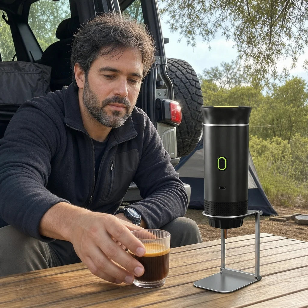 Show the exact sourced portable coffee machine in a real post-setup camping pause. One adult travele