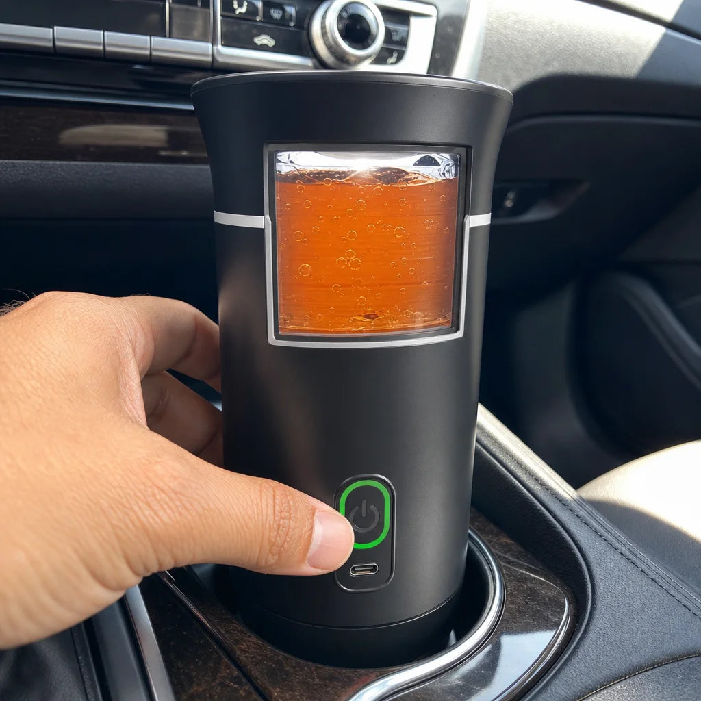 Tight candid hand-to-product interaction close-up in a square frame. One realistic adult hand presse