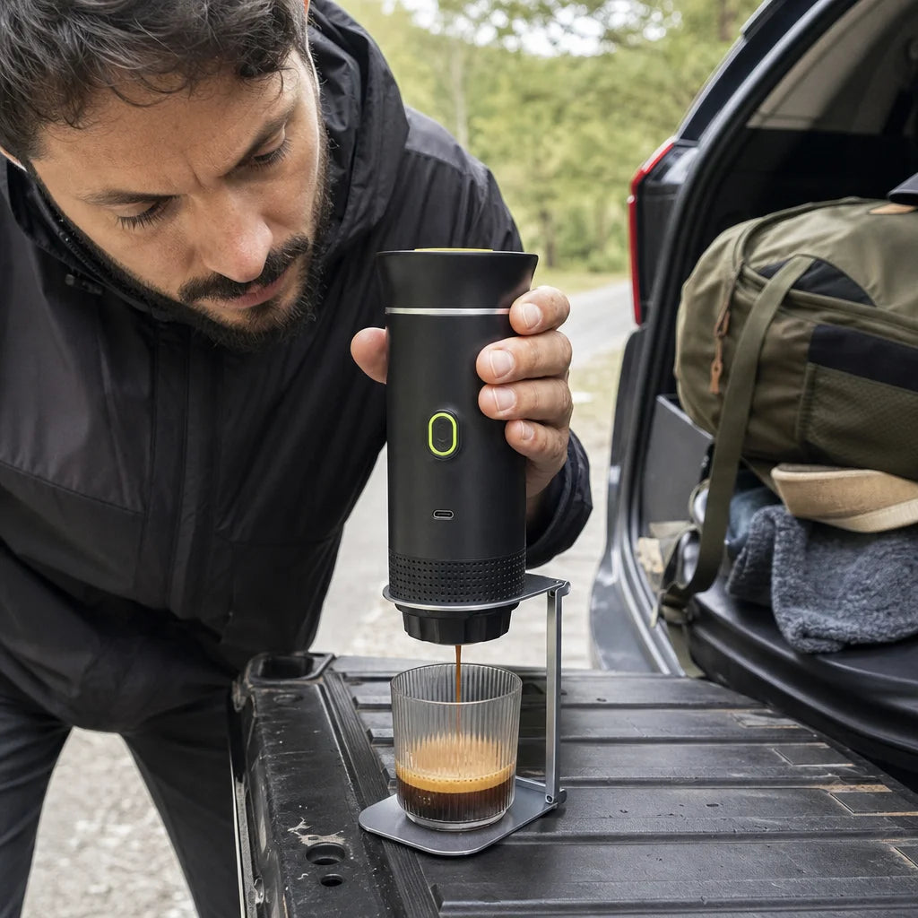 Show the exact sourced portable coffee machine during one believable roadside preparation task at an