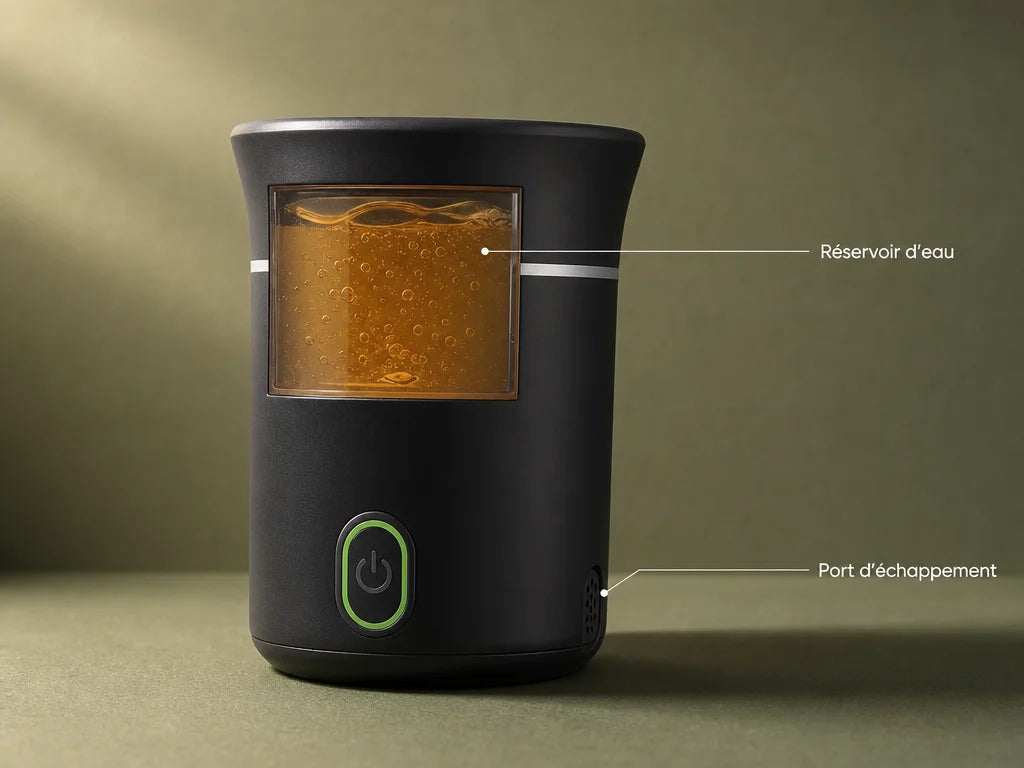 Square or landscape annotated physical-evidence still life. Make the exact sourced portable coffee m